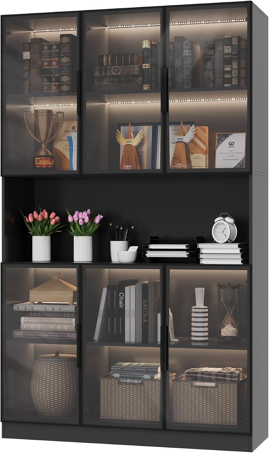 Mekminop Glass Doors Display Cabinet with Lights and Shelves, Storage Cabinets Morden Bookcase Trophy Case Display Cabinet with Hutch for Collectibles - Black (47.2 'W x 16.5 'D x 78.7 'H)