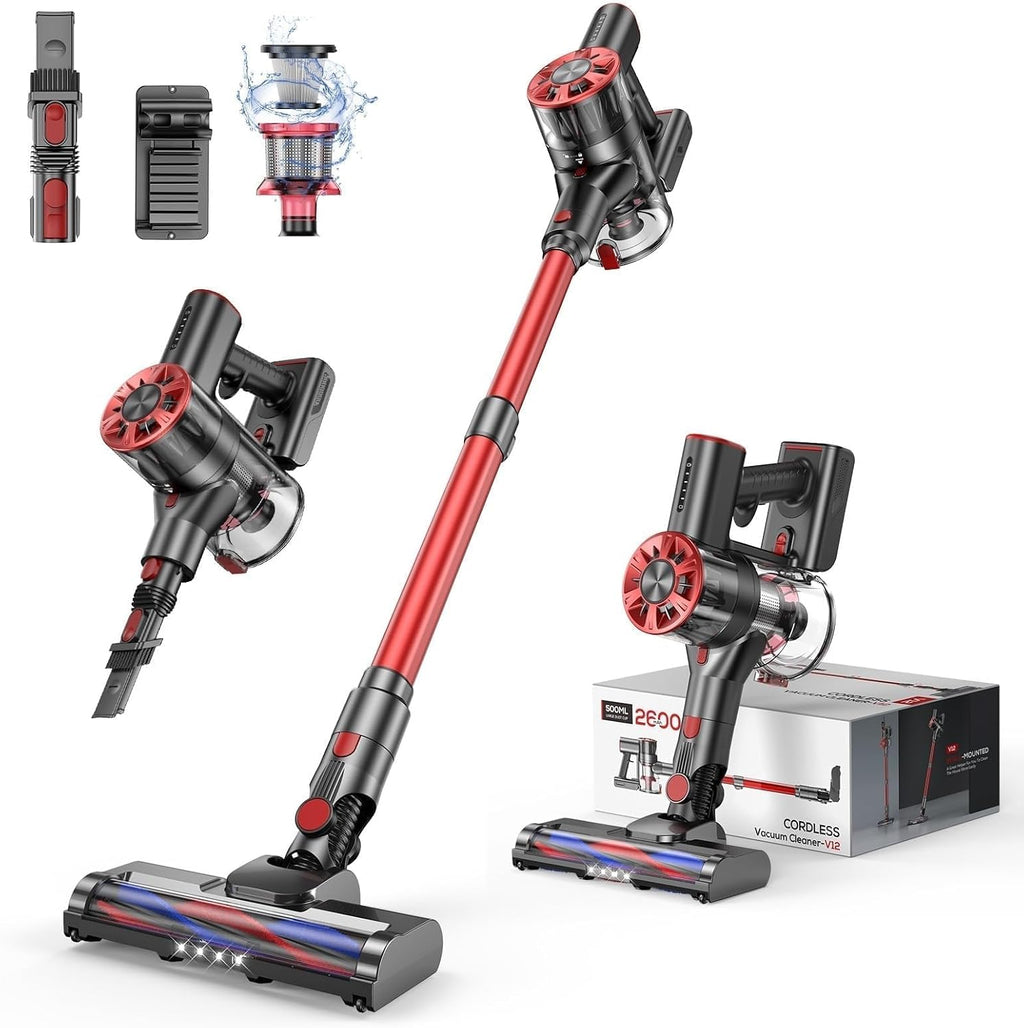 Comvtu Cordless Vacuum Cleaner Rechargeable with 2600mAh Detachable Battery, Powerful Vacuums with 2 Adjustable Modes, Lightweight Portable Stick Vacuum for Home (Afterglow Red)
