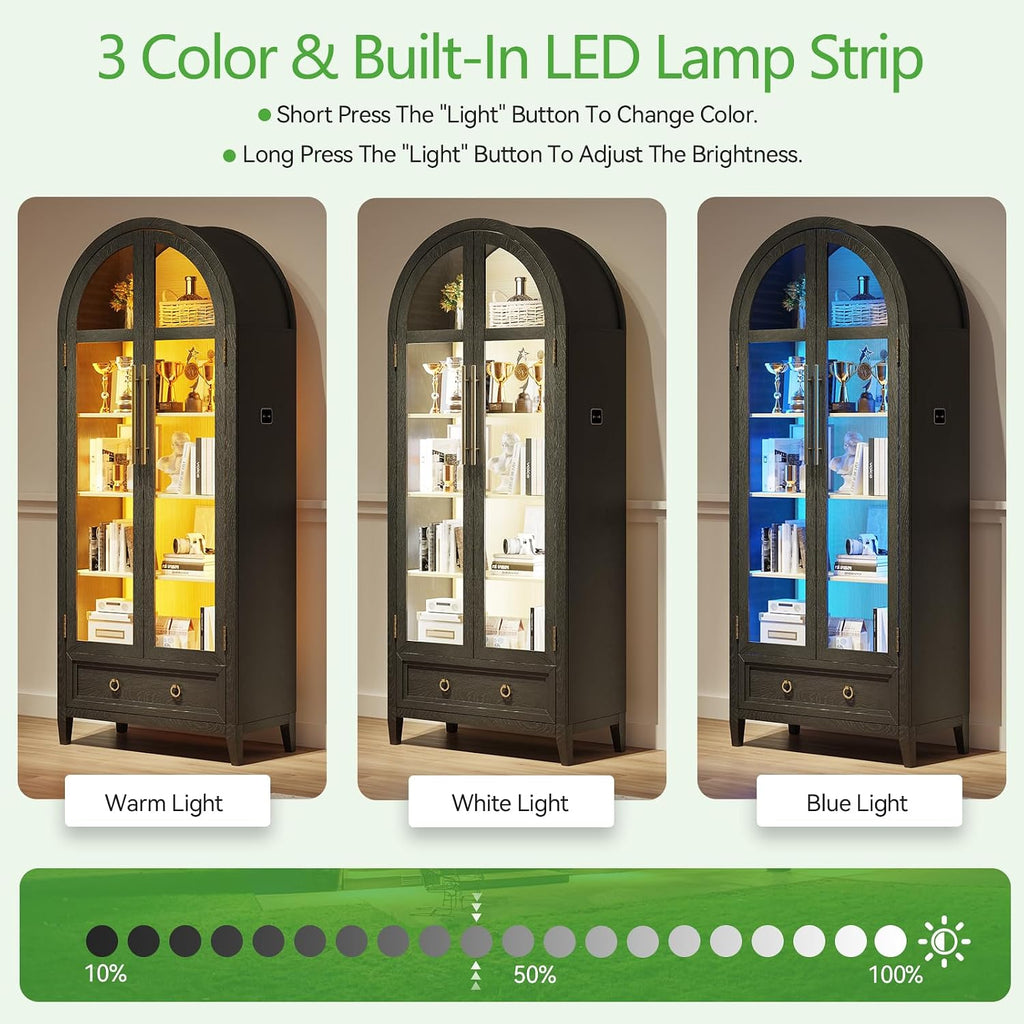 Arch Display Cabinet with Glass Doors, 4-Tier Curio Cabinet Shelves and a Drawer,73' Inch Tall LED Display Case for Collectibles,Bookcase for Bedroom Living Room Office,Black