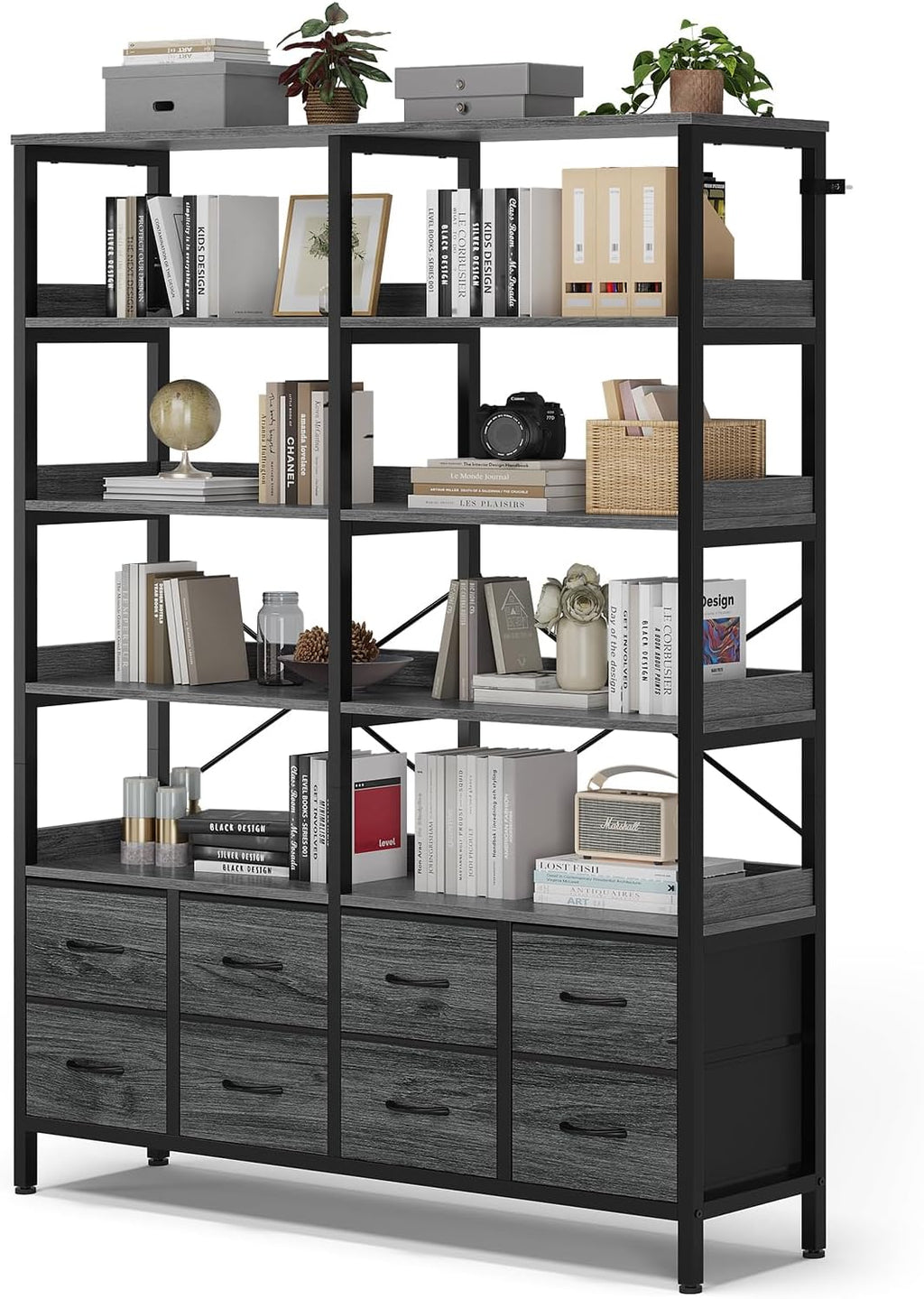 HAUOMS Bookshelf with 8 Fabric Drawers, 7-Tier Bookcase with Baffles Display Shelves, Industrial Large Book Shelf for Living Room Home Office, Grey