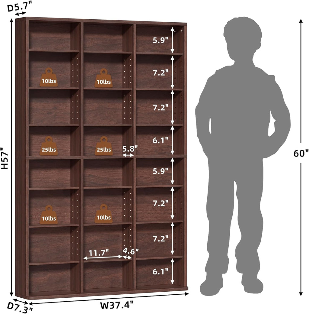 LELELINKY 8 Tier Tall Display Cabinet, Walnut Media Storage Cabinet with Adjustable Shelves, Free Standing DVD Organizer Shelf, Floor Multimedia Storage Manga Bookshelf for Living Room & Home Office.