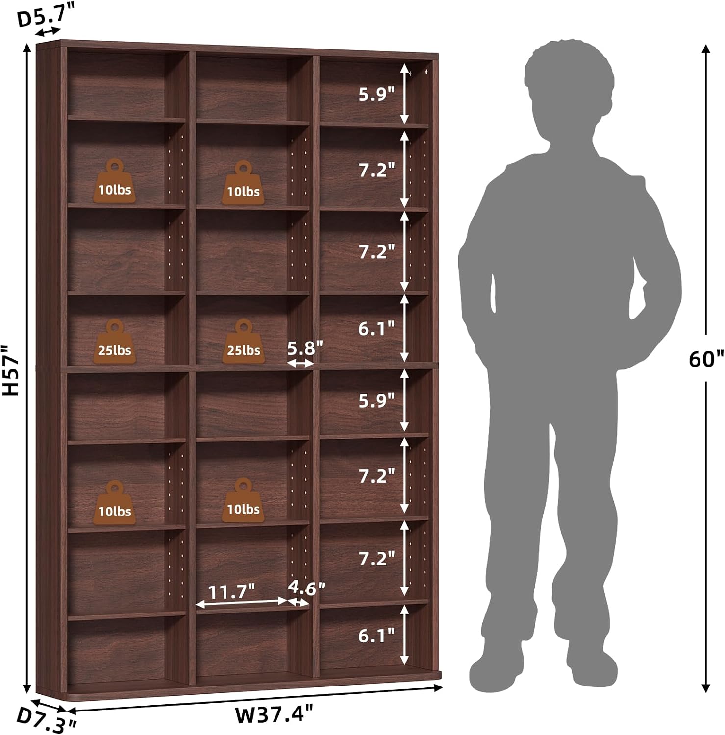 LELELINKY 8 Tier Tall Display Cabinet, Walnut Media Storage Cabinet with Adjustable Shelves, Free Standing DVD Organizer Shelf, Floor Multimedia Storage Manga Bookshelf for Living Room & Home Office.