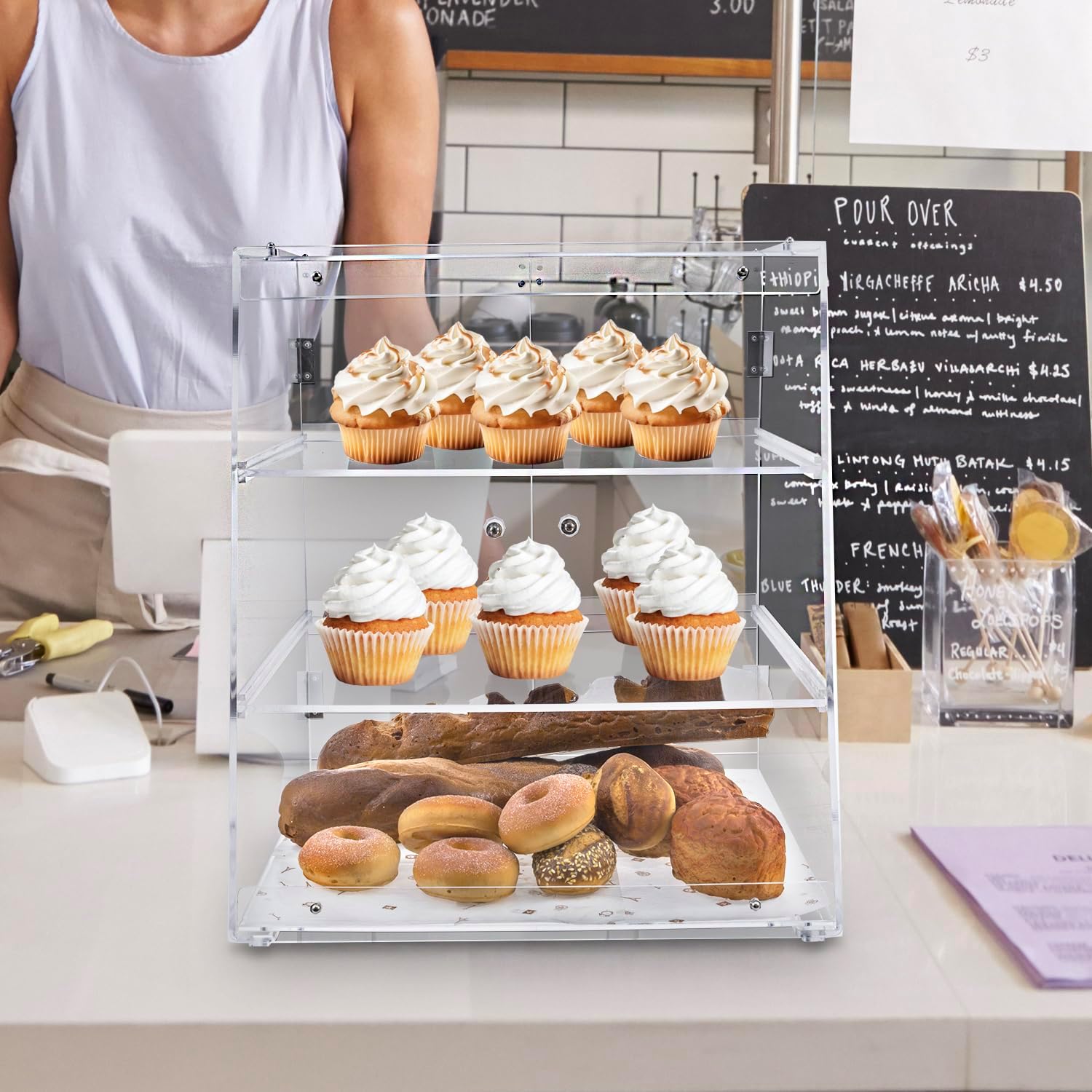 MyGift Pastry Display Case,Cookie Display, Professional-Grade Retail Bakery Display Case,3 Tier Premium Clear Acrylic Bread Box,with Removable Trays and Magnetic Rear Doors for Home or Commercial Use
