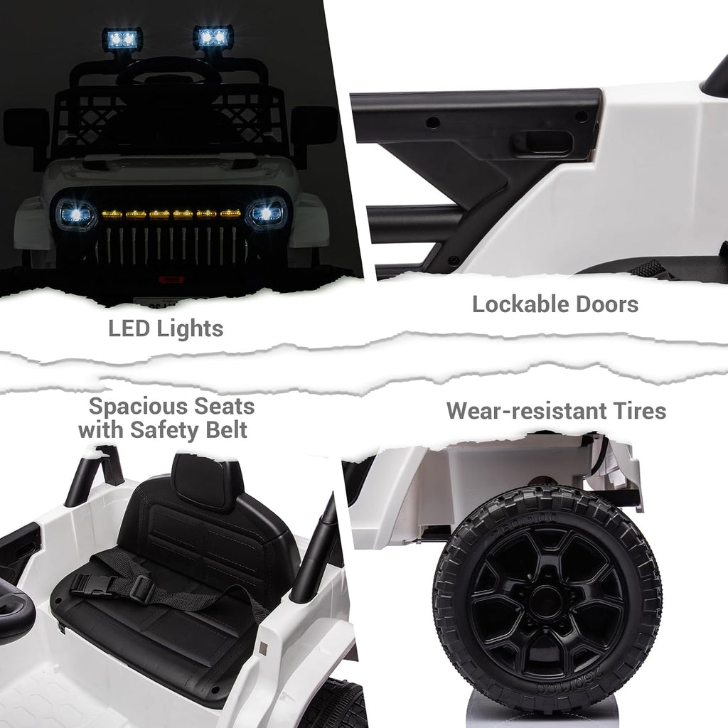 12V Ride On Car for Kids Electric Vehicle Toddlers Battery Powered Truck Car Toy with Remote Control, 4-Wheel Suspension, Battery Display, LED Lights, Music, for Boys Girls, White