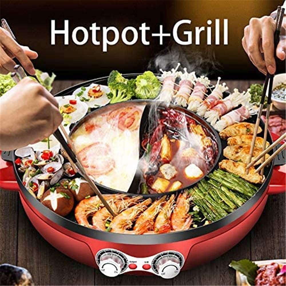 Electric Grill Indoor 2200W Electric Smokeless Grill And Hot Pot, 220V Detachable Easy To Clean BBQ & Shabu Shabu with Independent Temperature Control for 2-8 People Family Gathering Friend Meeting Pa