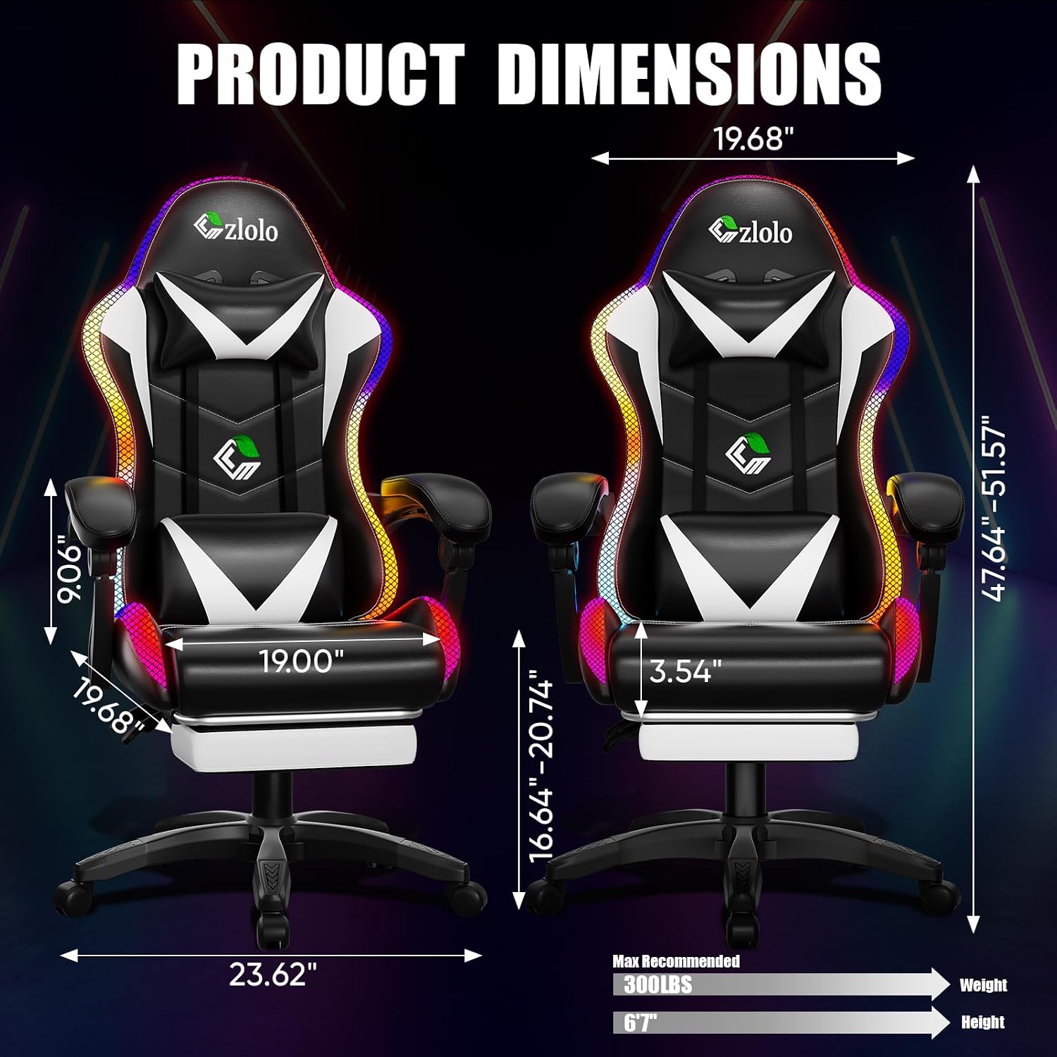 Czlolo Gaming Chair, Racing Style RGB LED Lights Gaming Chairs for Adults and Kids, Lumbar Massager Gamer Chair, High Back Reclining Computer Chair with Footrest and Headrest (Black/White)