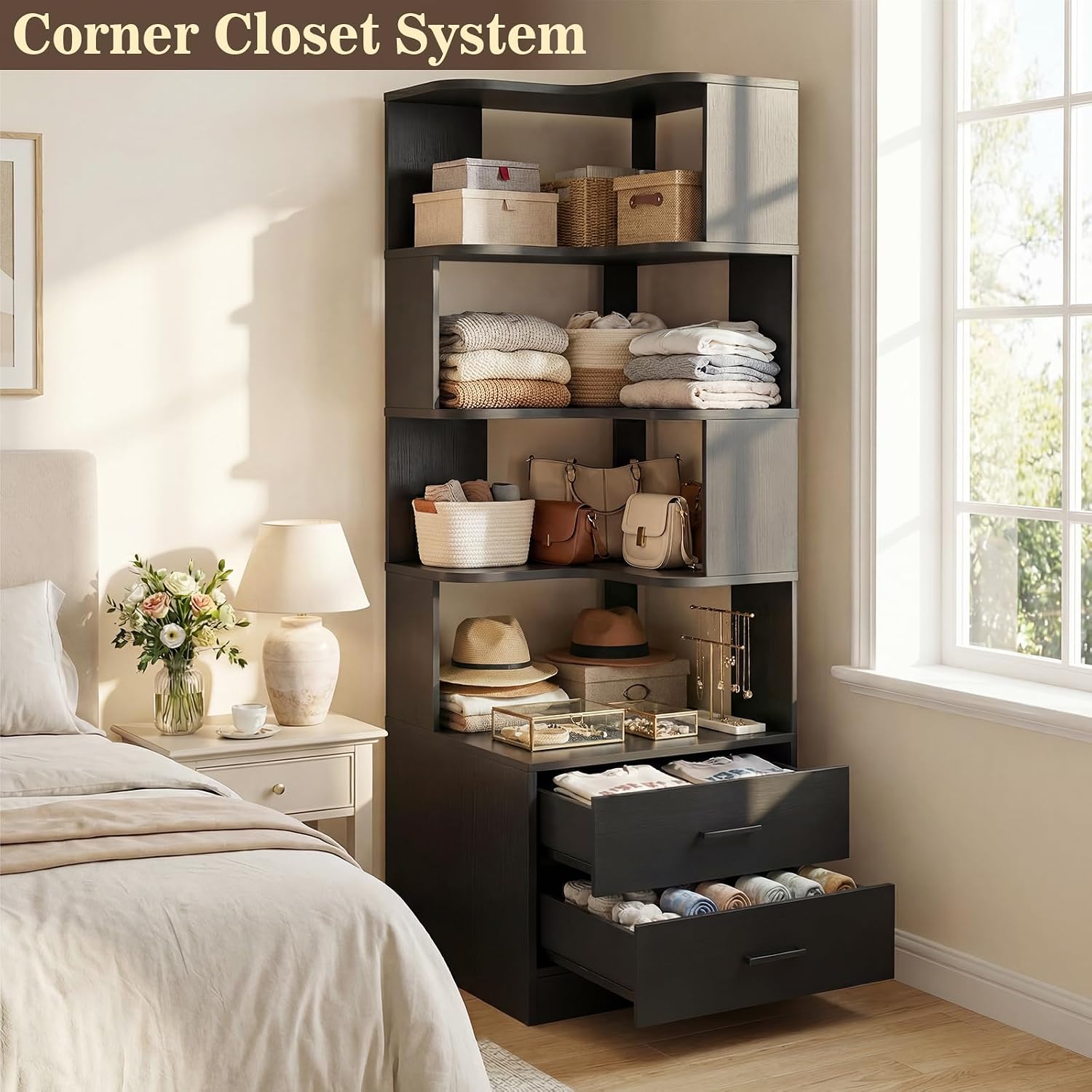Armocity Corner Bookshelf with Drawers, 7 Tier Corner Book Shelf Display Bookcase, Freestanding L Shaped Bookshelf for Bedroom, Home Office, Black