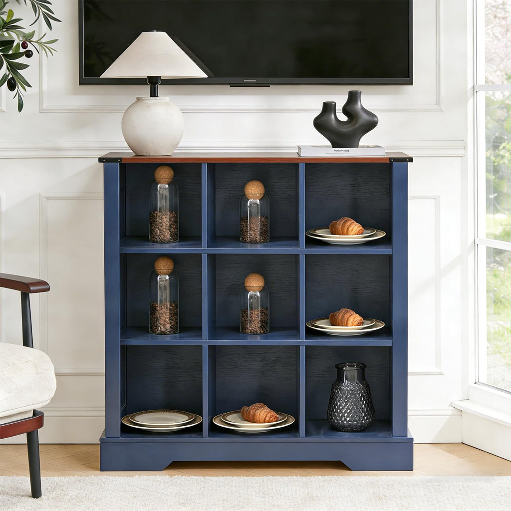 9 Cube Storage Organizer with LED Lights, Wooden Cube Bookcase with Back Panel, Blue Cube Shelf Freestanding Bookshelf, Hallway TV Stand for Living Room, Bedroom, Office
