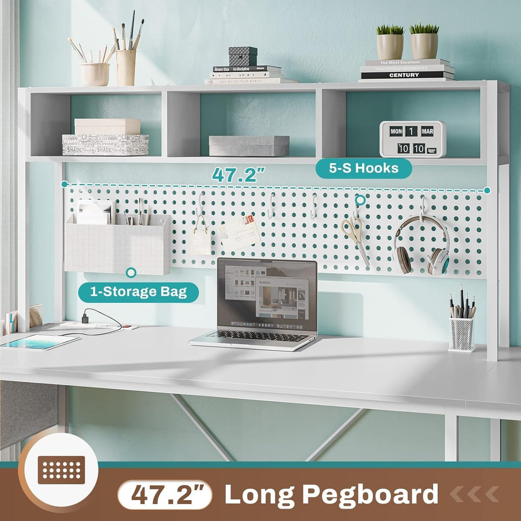 SEDETA White L Shaped Gaming Desk, Reversible Corner With Power Outlet and Pegboard, Hutch, Storage Shelf, Keyboard Tray, and LED Lights for Home Office