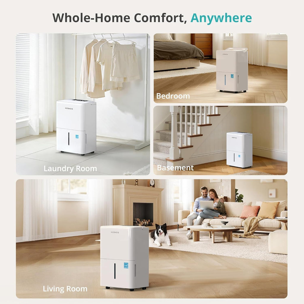 Kesnos 2,500 Sq. Ft. Energy Star 2025 Dehumidifier for Basement & Home, 4 Pre-Set Modes, Timer, Auto Defrost, Ideal for Bedroom with Ultra Quiet 36 dB, 0.39-Gallon Water Tank with Drain Hose