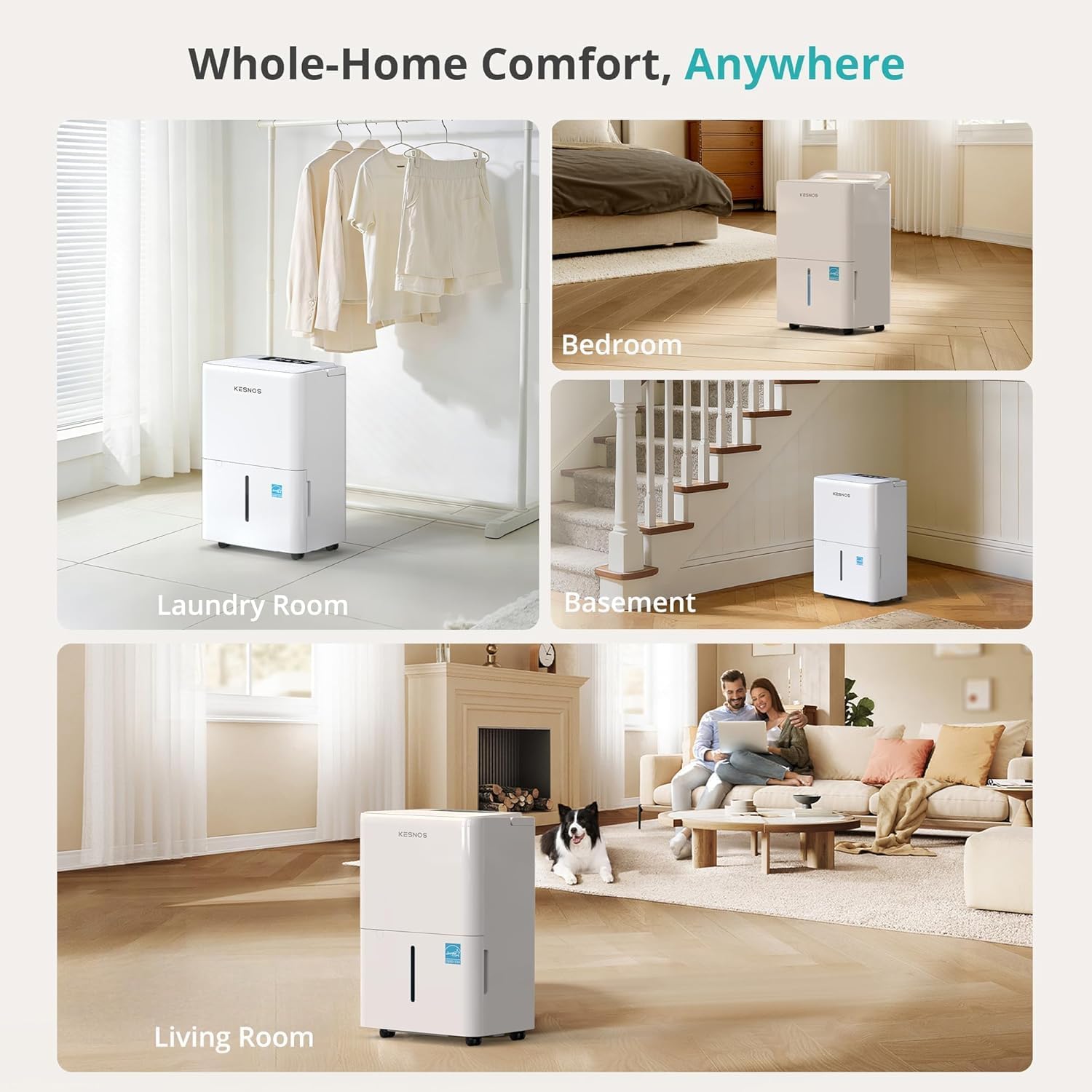 Kesnos 2,500 Sq. Ft. Energy Star 2025 Dehumidifier for Basement & Home, 4 Pre-Set Modes, Timer, Auto Defrost, Ideal for Bedroom with Ultra Quiet 36 dB, 0.39-Gallon Water Tank with Drain Hose