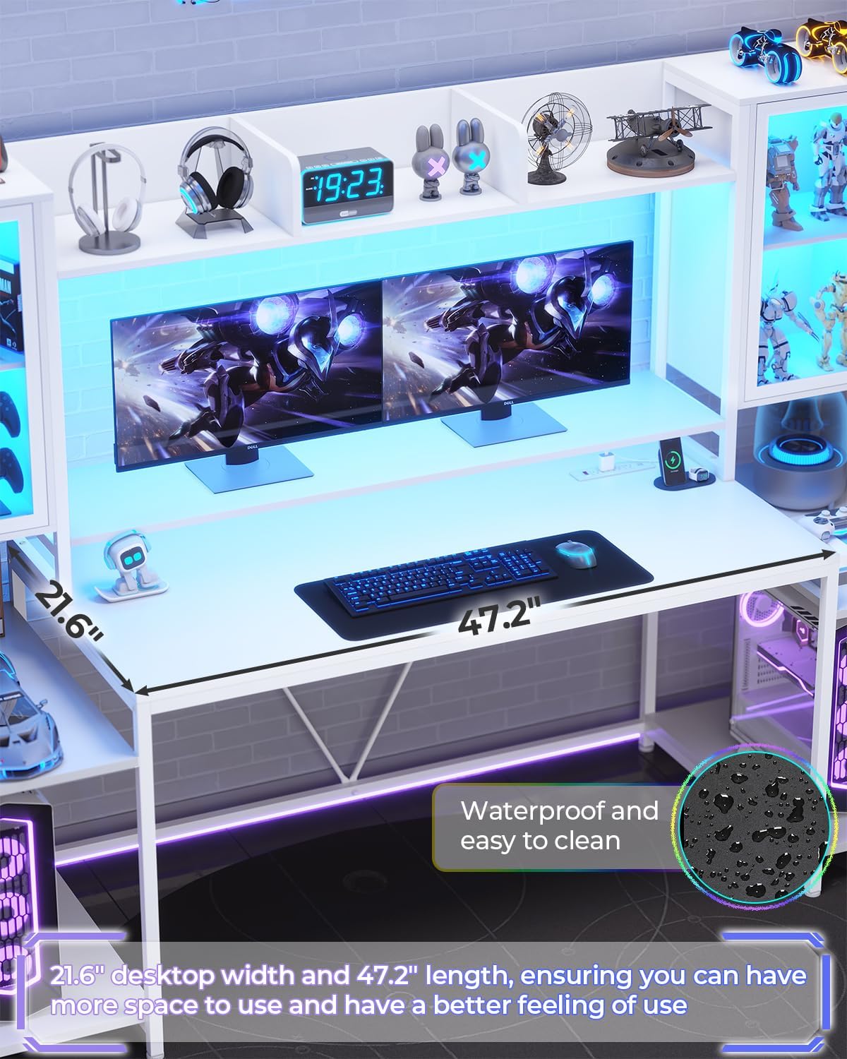 SEDETA Gaming Desk 74.8'' with LED Lights, Hutch and Storage Shelves, Computer Desk with Monitor Stand, Large PC Gamer Desk Workstation, Ergonomic Gaming Table for Bedroom, Living Room, White