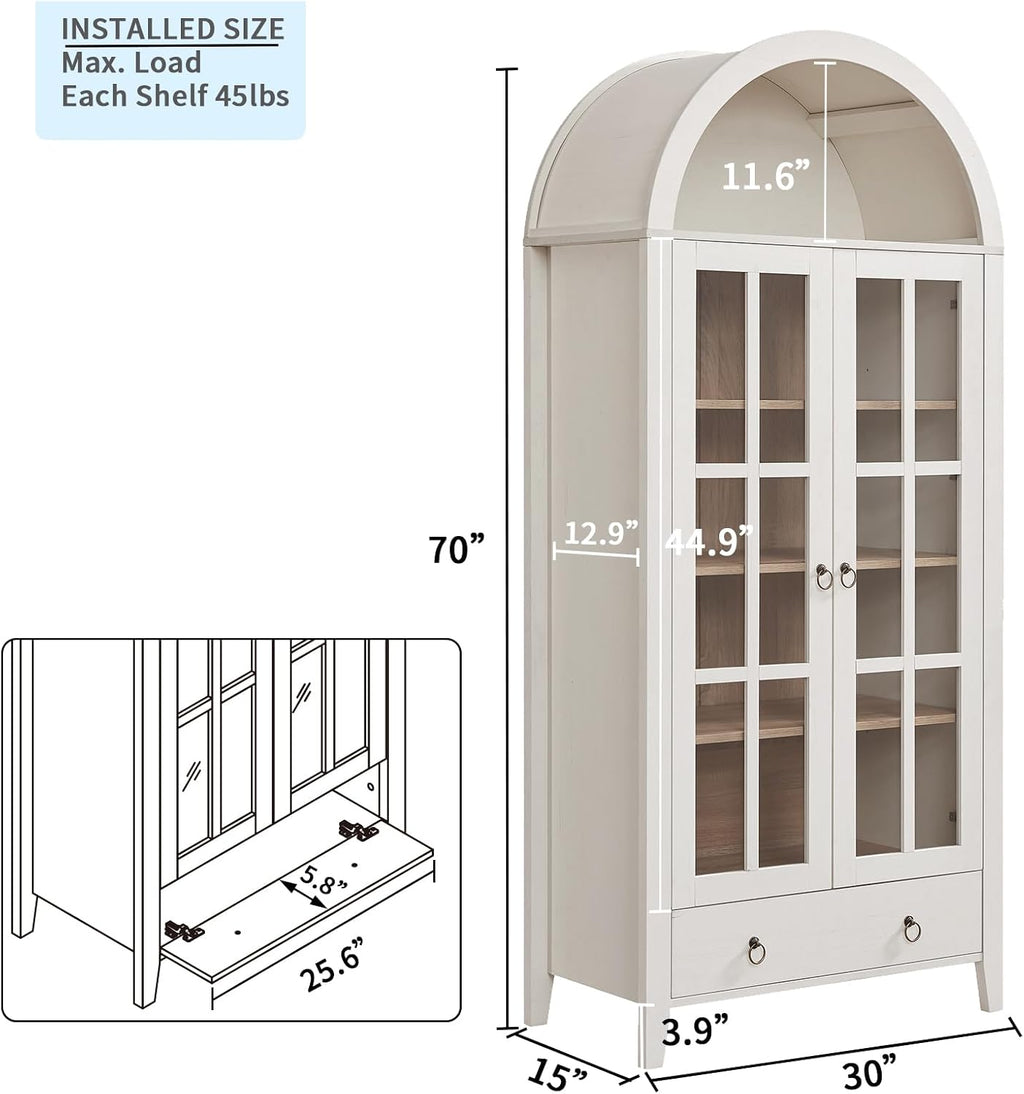70' Tall Arched Cabinet, Modern Farmhouse Wooden Display Cabinet with Glass Doors, 6 Tier Bookshelf with Adjustable Shelves for Living Room, Office, Antique White