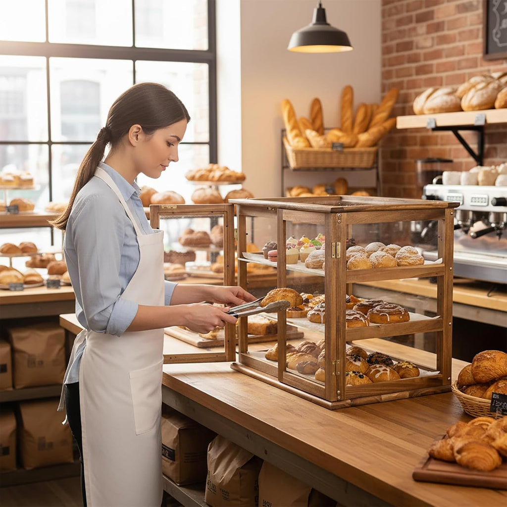 Pastry Display Case,Cookie Display, Professional-Grade Retail Bakery Display Case,,3 Tier Premium Acacia Wood and Clear Acrylic Bread Box,with Removable Trays and Rear Doors for Home or Commercial Use