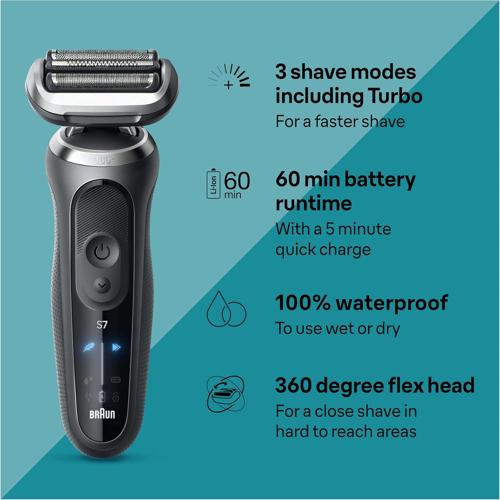Braun Electric Shaver for Men, Series 7 7127cs, Wet & Dry Shave, Turbo & Gentle Shaving Modes, Waterproof Foil Shaver, Engineered in Germany, with Beard Trimmer, Charging Stand, Space Grey