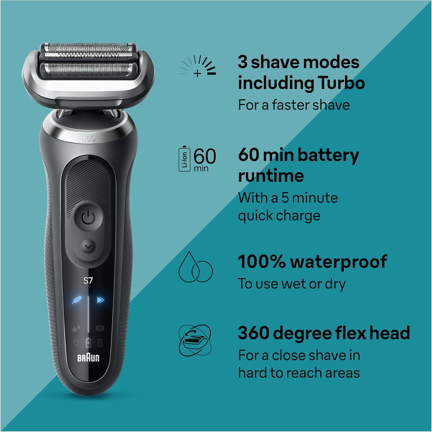 Braun Electric Shaver for Men, Series 7 7127cs, Wet & Dry Shave, Turbo & Gentle Shaving Modes, Waterproof Foil Shaver, Engineered in Germany, with Beard Trimmer, Charging Stand, Space Grey