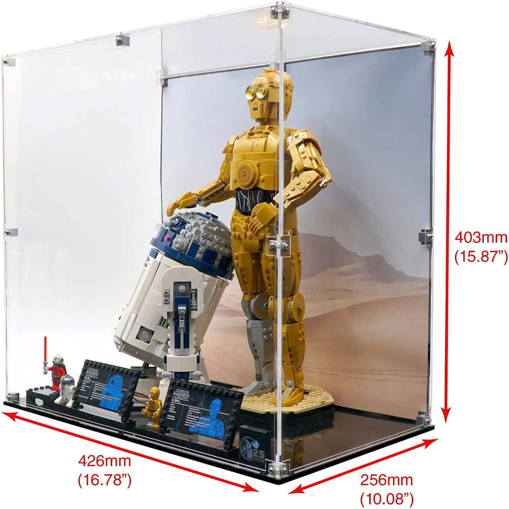 Display Case Compatible with Lego 75398 and 75379 - C-3PO and R2-D2 - Acrylic Dustproof Showcase with Pre-Printed Background - Set Not Included