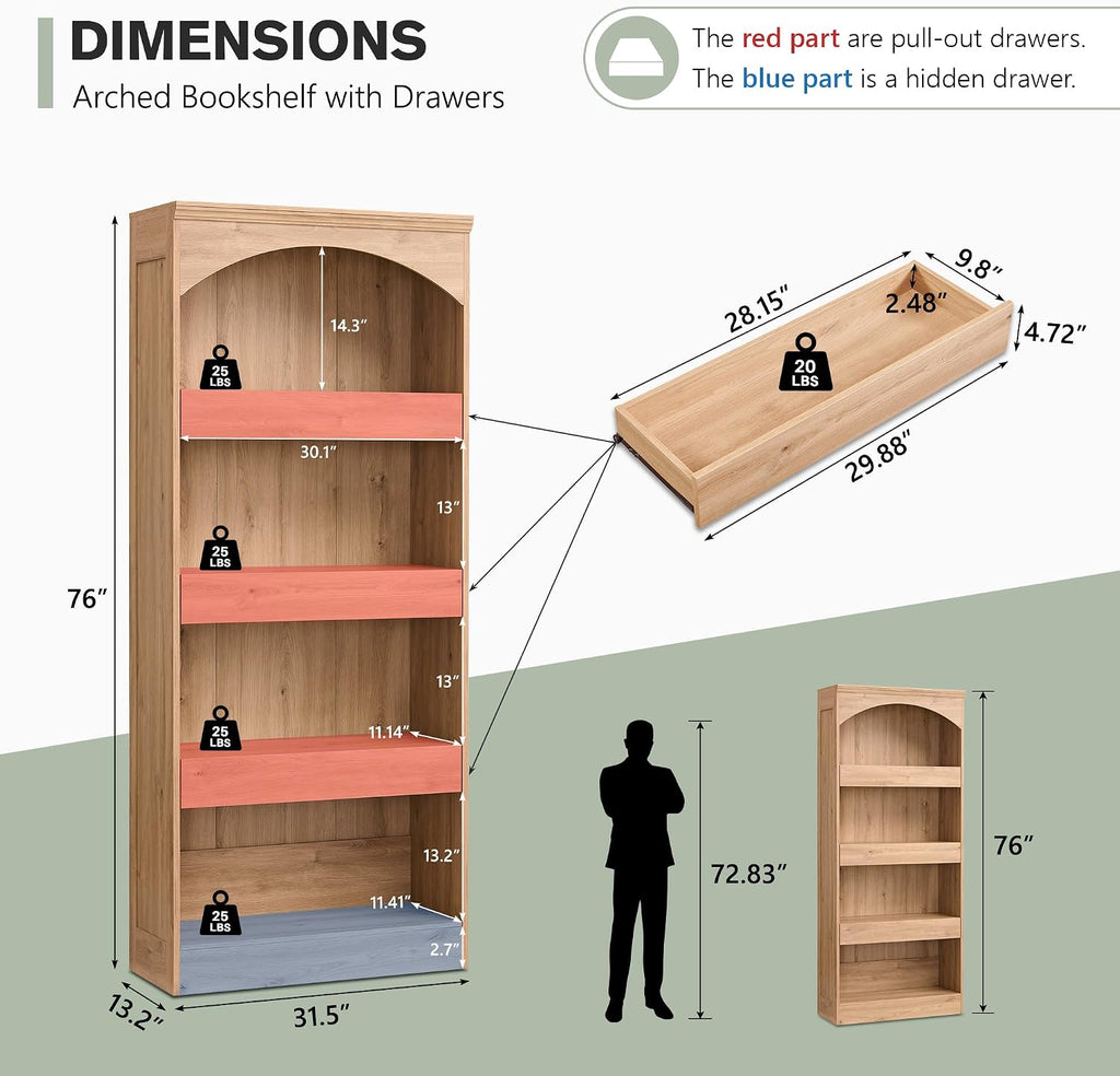 IFGET 76' Tall Arched Bookcase with 1PC Magnetic Lock Drawer, Modern Wooden Arch Bookshelf w/3 Pull-Out Drawers, Farmhouse 4 Tiers Book Shelf w/Open Shelves for Living Room, Office (Natural)