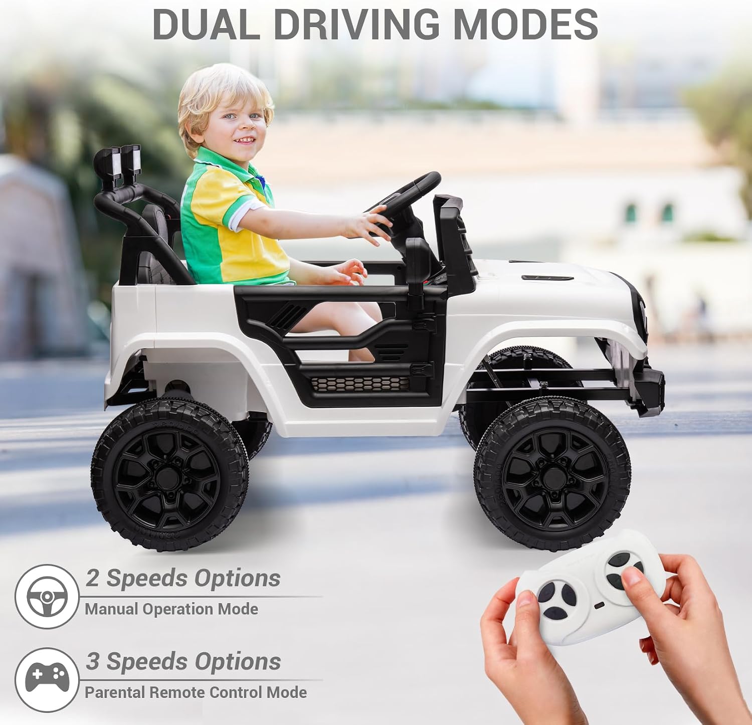 12V Ride On Car for Kids Electric Vehicle Toddlers Battery Powered Truck Car Toy with Remote Control, 4-Wheel Suspension, Battery Display, LED Lights, Music, for Boys Girls, White