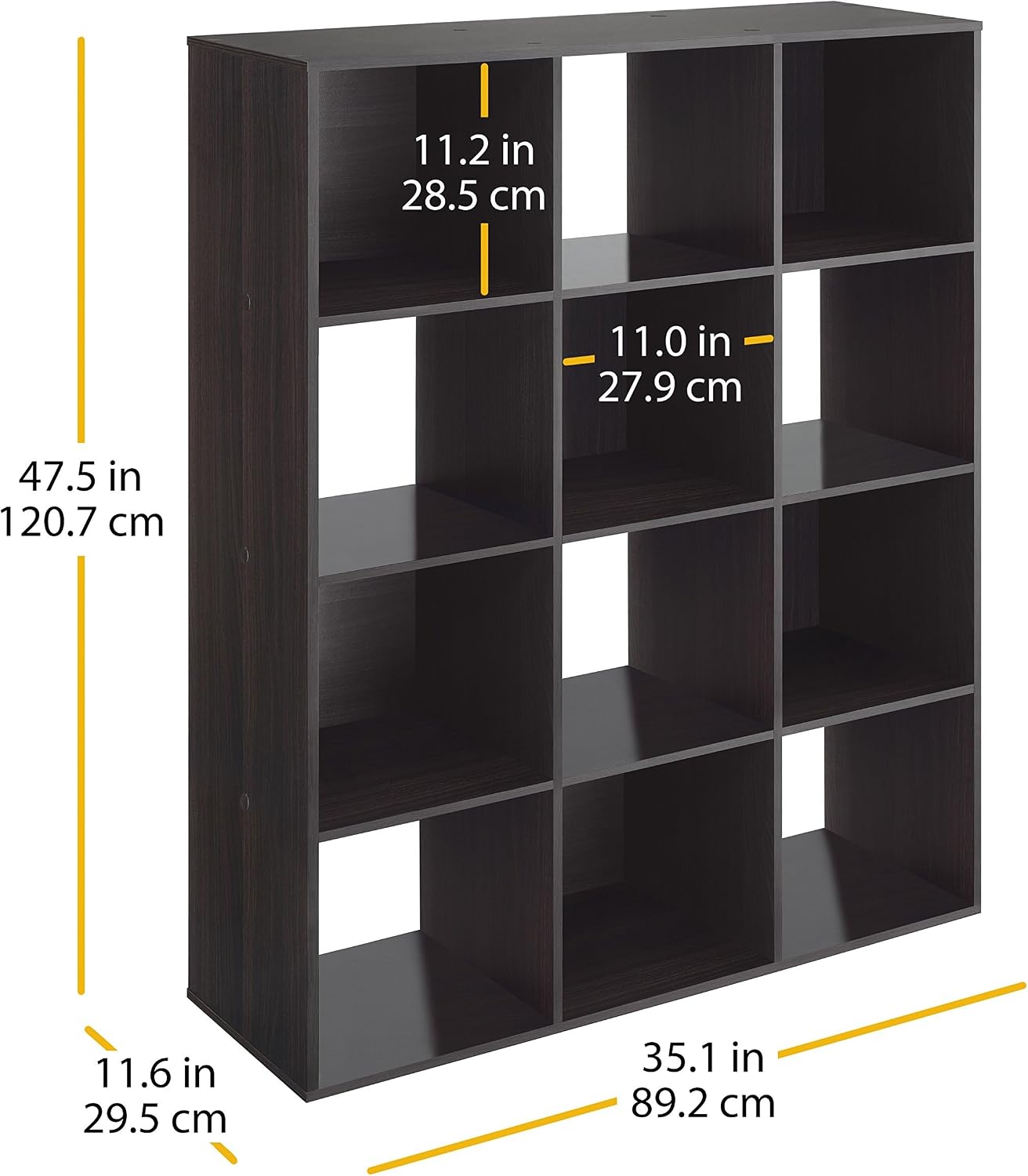 Whitmor 12 Cube Bookcase, 4 Tier Stackable MDF Bookself, Open Storage Display Organizer, Storage Cabinet for Living Room, Bedroom, Home, Office, 35.1' L x 11.7' W x 47.5' H, Espresso