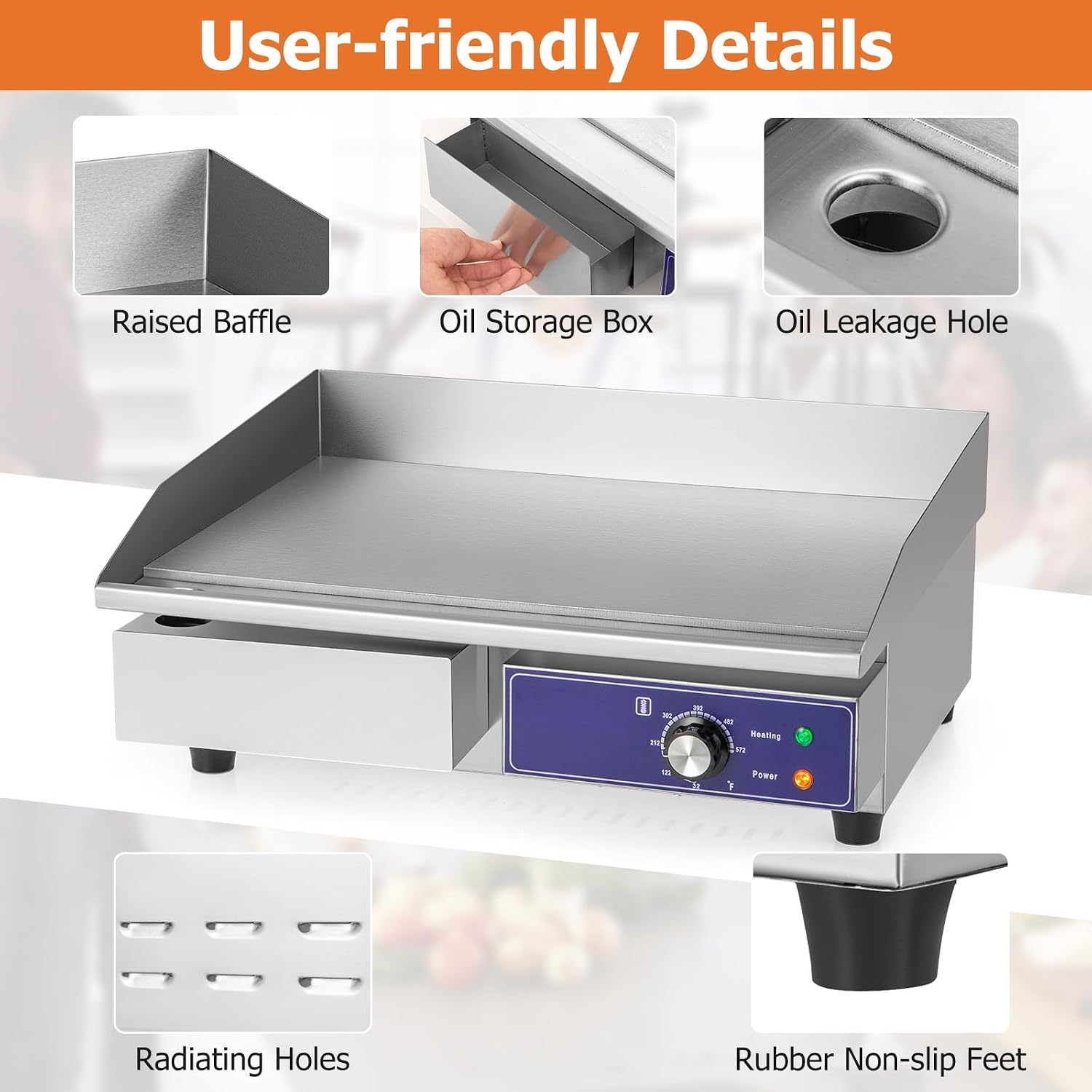 Happygrill 22' Commercial Electric Griddle, Stainless Steel Flat Top Grill w/Adjustable Temperature Control 122℉-572℉, Complete Accessories, 2000 W Electric Countertop Griddle for Kitchen Restaurant