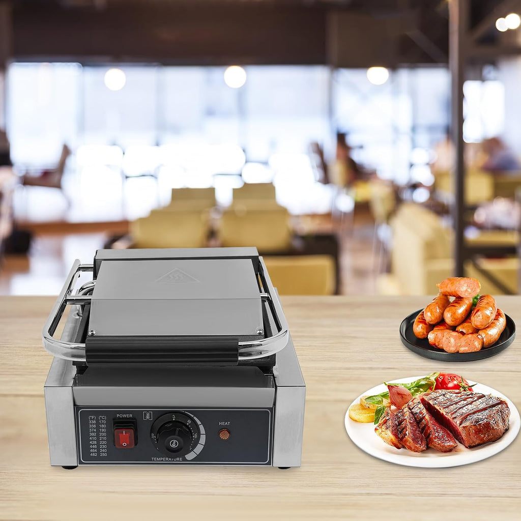Commercial Panini Sandwich Contact Grill, 1800W Electric Sandwich Panini Maker, 8.8' x 9.2' Cast Iron Panini Press with Grooved Plates & Temp Control, for Hamburgers, Chicken, Beef