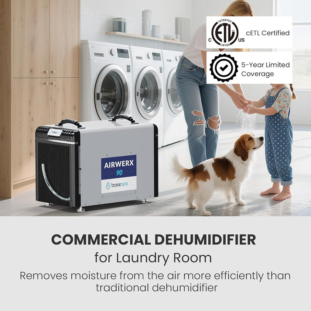 BASEAIRE 198 Pints Energy Star Crawl Space Commercial Dehumidifier, 5 Years Warranty, Large Industrial Water Damage Equipment for Basement, Garage and Job Sites, AirWerx 90