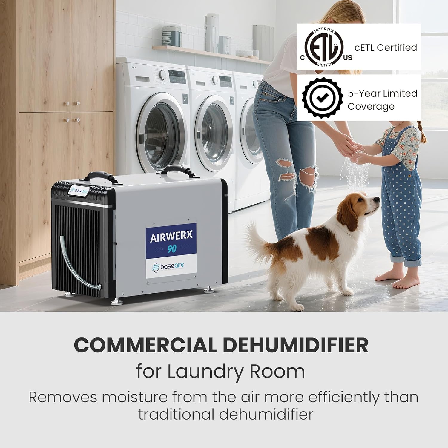 BASEAIRE 198 Pints Energy Star Crawl Space Commercial Dehumidifier, 5 Years Warranty, Large Industrial Water Damage Equipment for Basement, Garage and Job Sites, AirWerx 90