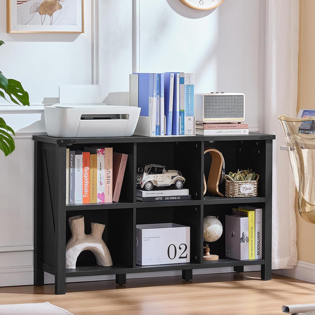 Joaxswe 6 Cube Bookcase, Farmhouse Wood Low Storage Organizer Book Shelf, Black 47' Horizontal Console Bookshelf with Legs, Hallway Book Case for Entryway, Display Cabinet for Living Room, Office