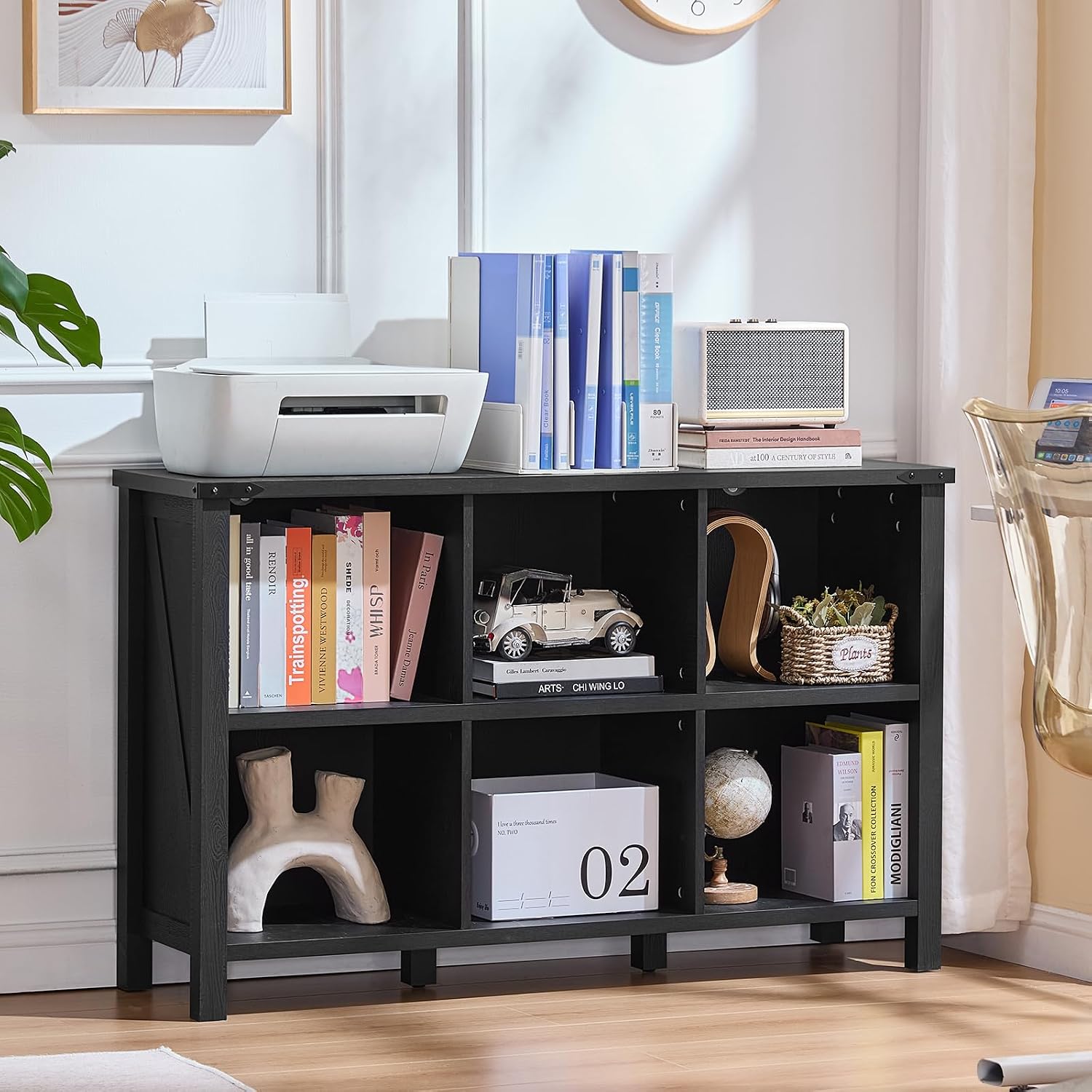 Joaxswe 6 Cube Bookcase, Farmhouse Wood Low Storage Organizer Book Shelf, Black 47' Horizontal Console Bookshelf with Legs, Hallway Book Case for Entryway, Display Cabinet for Living Room, Office