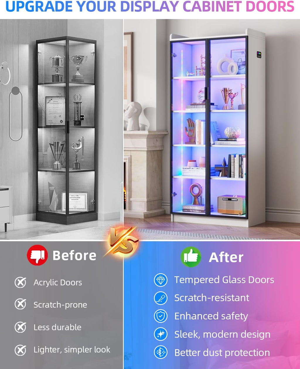FREDEES Display Cabinet with Glass Doors, 5-Tier Curio Cabinet with Motion Sensor RGB Lights, 65' Tall Glass Display Case with Adjustable Shelves for Collectibles, Figures, Books, White