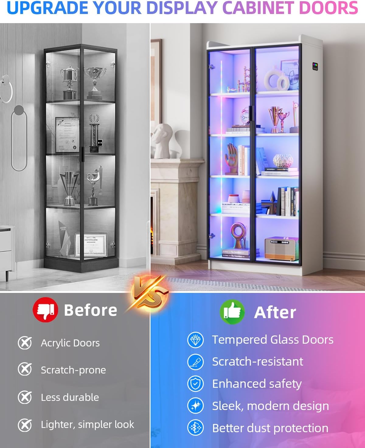 FREDEES Display Cabinet with Glass Doors, 5-Tier Curio Cabinet with Motion Sensor RGB Lights, 65' Tall Glass Display Case with Adjustable Shelves for Collectibles, Figures, Books, White