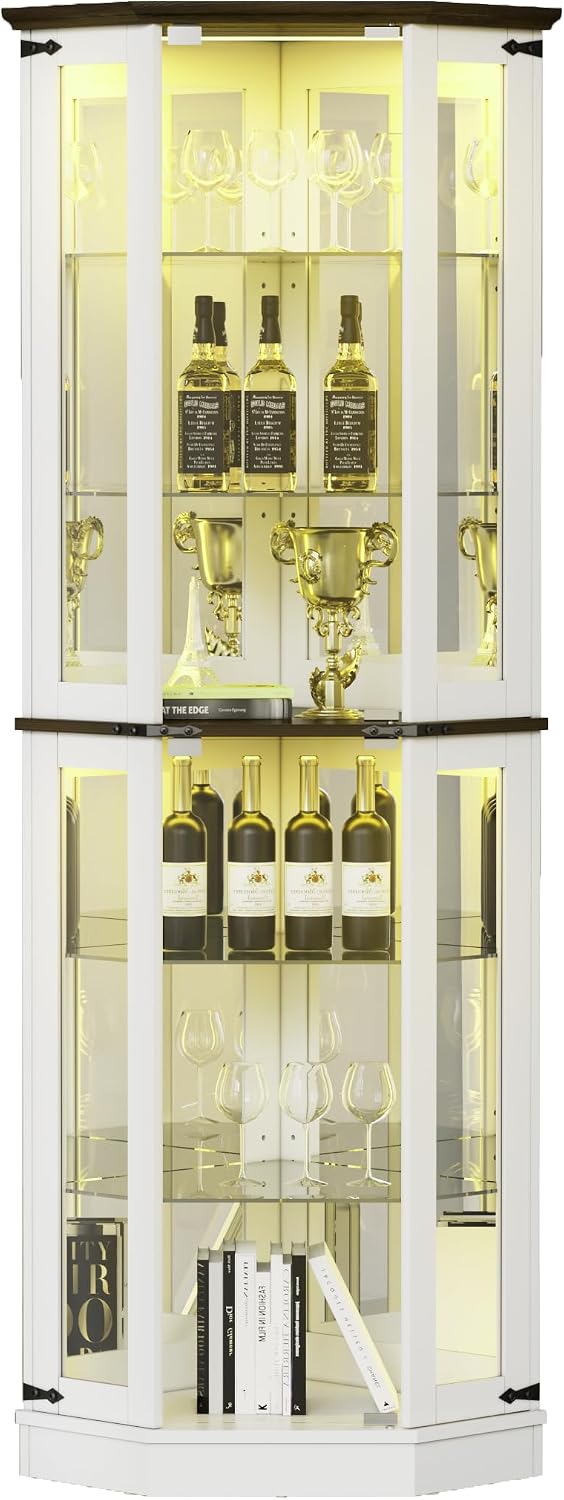 PAKASEPT 71'' Farmhouse Display Curio Cabinet with LED Lights,Tempered Glass Doors,6 Shelves,Floor Standing Display Cage Corner Wine Cabinet Storage Rack for Bar and Liquor Storage,White