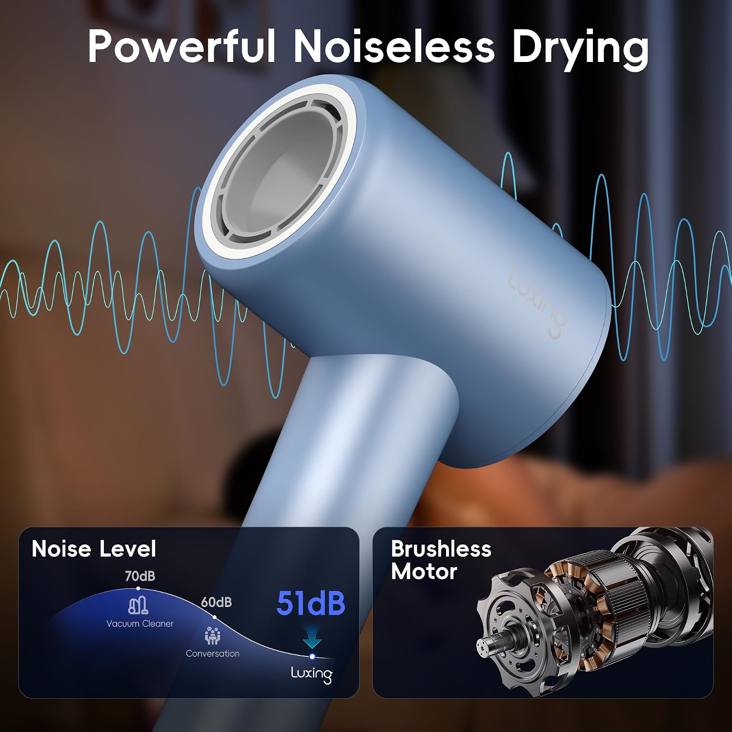 Hair Dryer, TurboLux Ionic 200 Million Negative Ions 1500W Fast Drying High Speed Hairdryer with Diffuser, Lightweight, Low Noise Hair Dryers for Women with 110000 RPM Brushless Motor (Steel Blue)