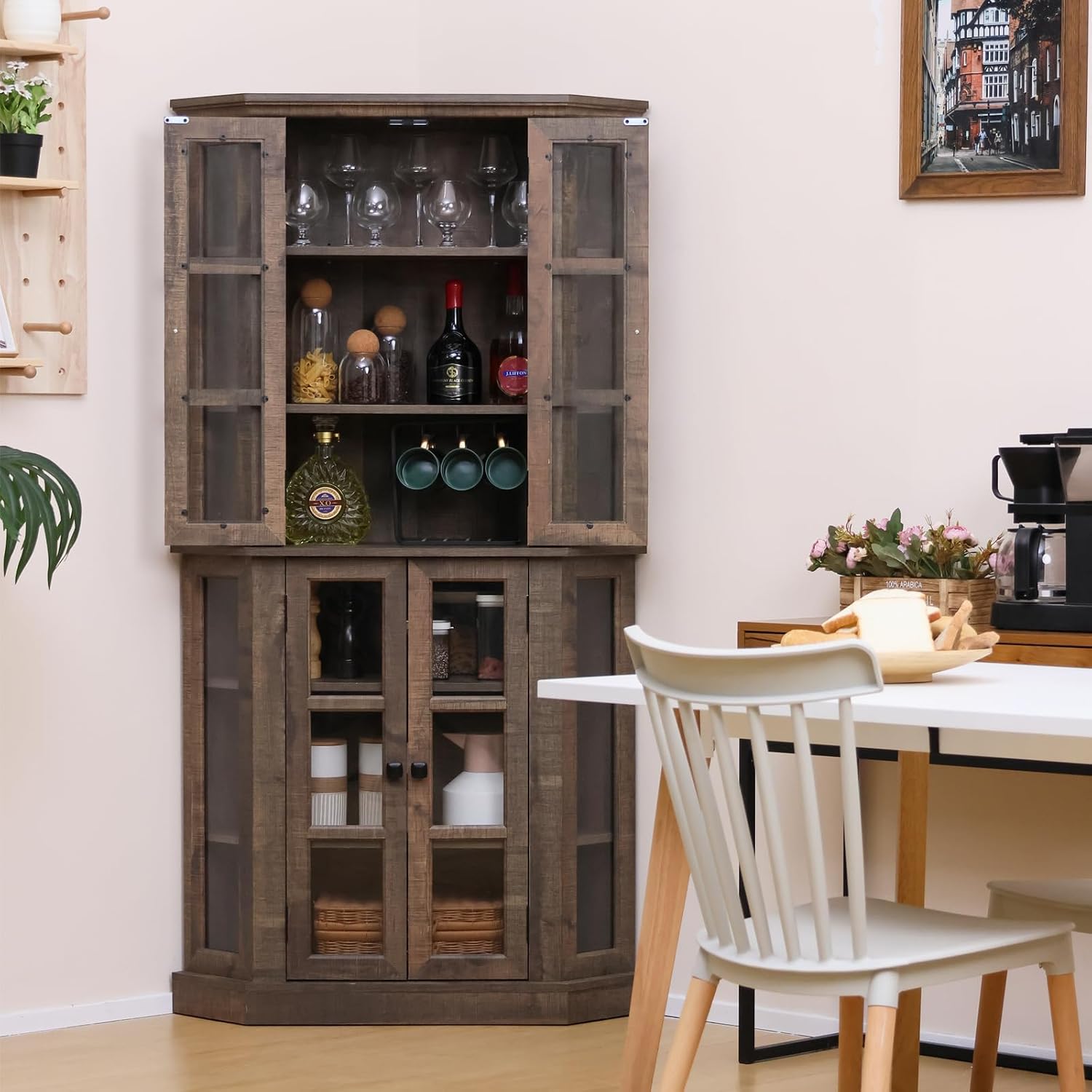 ALBAD 67 Inch Corner Curio Cabinets with Glass Doors 6 Tiers Tall Wood Display Cabinet for Dining Room Living Room Home Bar Ideal for China/Wine/Liquor/Collectibles, Retro Brown