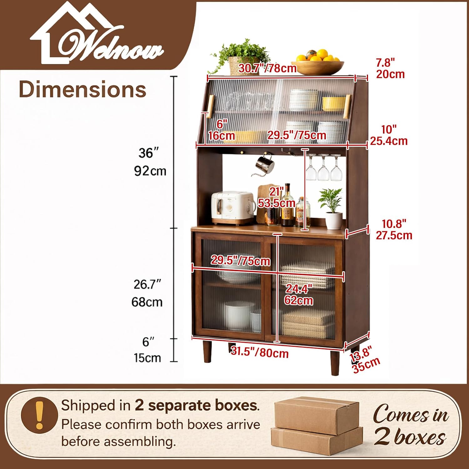 Welnown Kitchen Hutch Cabinet with Countertop, 31' Tall Pantry Storage Cabinet, Rattan Solid Wood Buffet Sideboard, Entryway Storage Table for Living Room, Dining Room, Hallway, Walnut