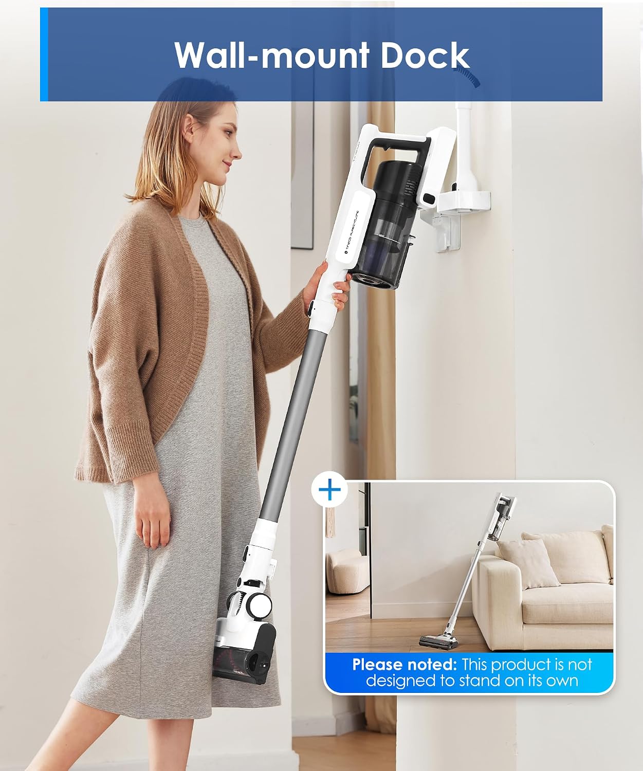 Tineco A20 Cordless Stick Vacuum Cleaner, Powerful Suction, 3 Modes for Multi-Level Messes, 1L Larger Dustbin, Ergonomic Dual-Handle Design, Wall-Mount Dock, LED Headlight
