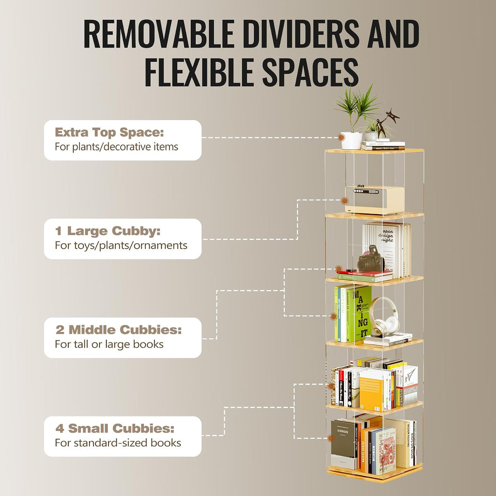 TAKEKIT 5-Tier Rotating Bookshelf, 360° Spinning Book Shelf Tower with Solid Wood & Clear Acrylic, Square Revolving Bookcase for Kids Room, Living Room, Bedroom and Office