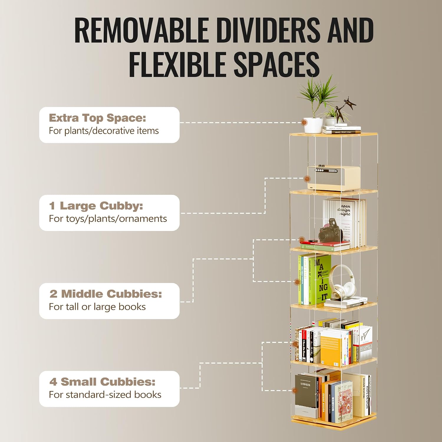 TAKEKIT 5-Tier Rotating Bookshelf, 360° Spinning Book Shelf Tower with Solid Wood & Clear Acrylic, Square Revolving Bookcase for Kids Room, Living Room, Bedroom and Office