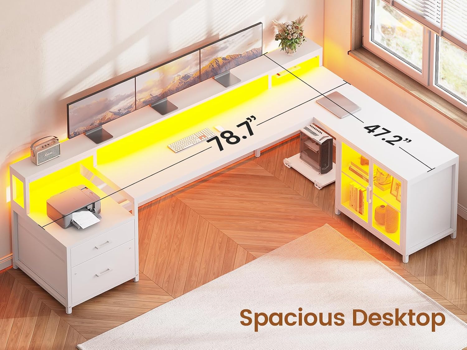 SEDETA 78.7' Large Gaming Computer Desk with Storage Drawers, Reversible L Shaped Office Desk with Display Cabinet and Power Outlet, Corner Gaming Desk with LED Lights for Home Office, White