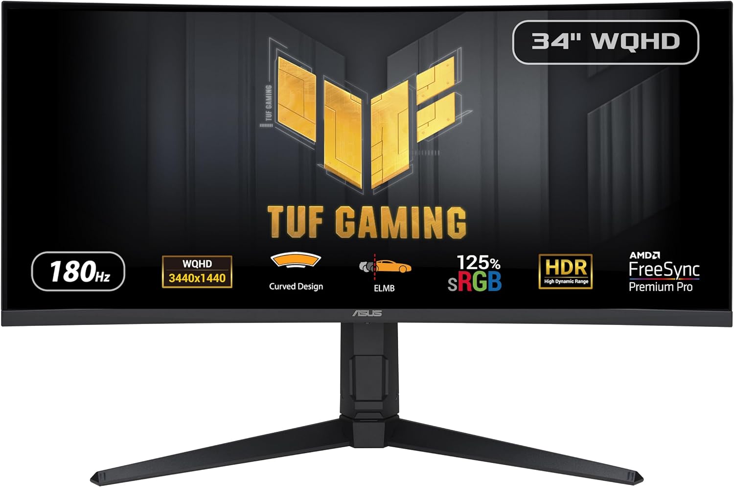 ASUS TUF Gaming 34' 1440P 1500R Curved Monitor (VG34VQL3A) - QHD (3440 x 1440), 180Hz, 1ms, Extreme Low Motion Blur, Freesync Premium Pro, 125% sRGB, DisplayHDR 400, Height Adjustable, 3 year warranty