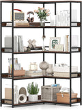 Giantex 5-Tier Corner Bookshelf, 71' L-Shaped Bookcase, Tall Etagere Bookshelf with Metal Frame, Industrial Open Display Shelf, Vertical Storage Rack for Living Room, Study, Office (Walnut)