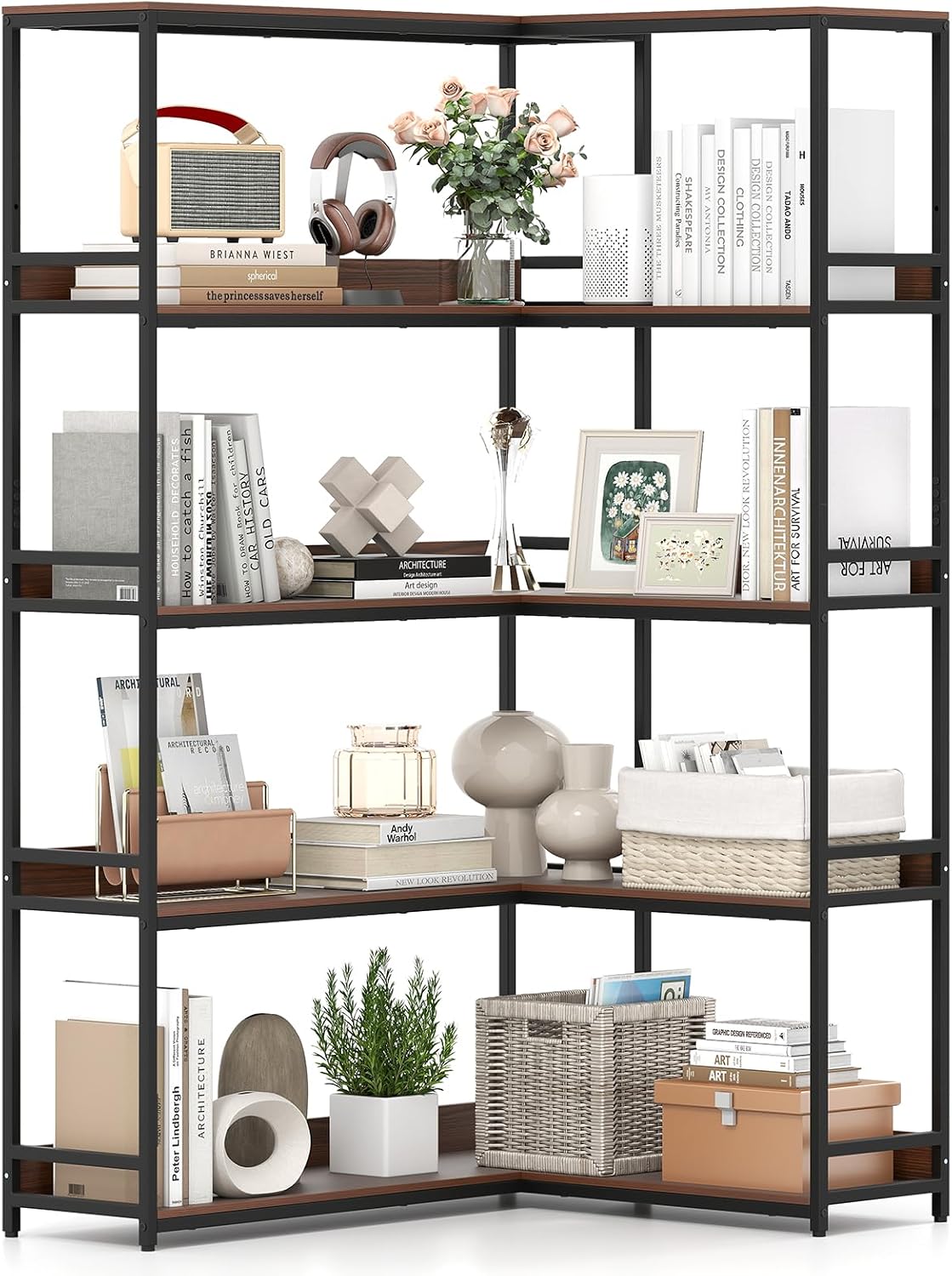 Giantex 5-Tier Corner Bookshelf, 71' L-Shaped Bookcase, Tall Etagere Bookshelf with Metal Frame, Industrial Open Display Shelf, Vertical Storage Rack for Living Room, Study, Office (Walnut)