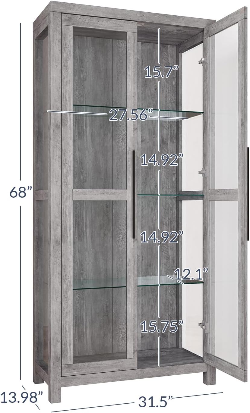 BELLEZE Glass Display Cabinet, Tall Curio Cabinet with Tempered Glass Doors for Living Room, Trophy Display Case - Avalon (Gray Wash)