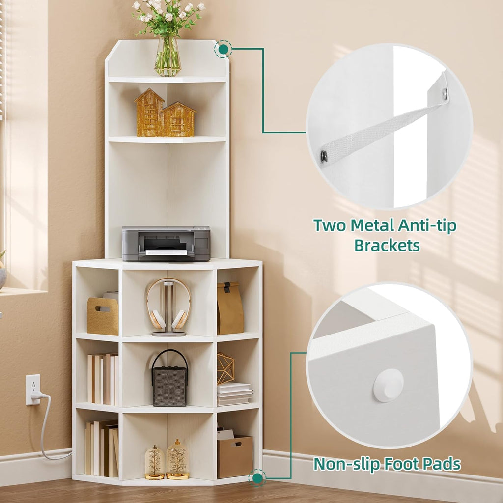 YITAHOME Corner Shelf with USB Ports & Outlets, Modern Corner Storage Cabinet Rack Charging Station, Wooden Display Bookshelf Bookcase for Living Room, Bedroom, Dining Room, Kitchen, White