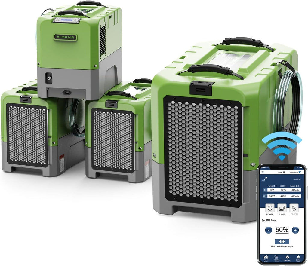 ALORAIR 180 PPD Commercial Dehumidifiers with Smart WiFi, Crawl Space Basement dehumidifier with Pump, Industry Water Damage Unit, Compact, Portable, Memory Starting, (Pack of 4) Green
