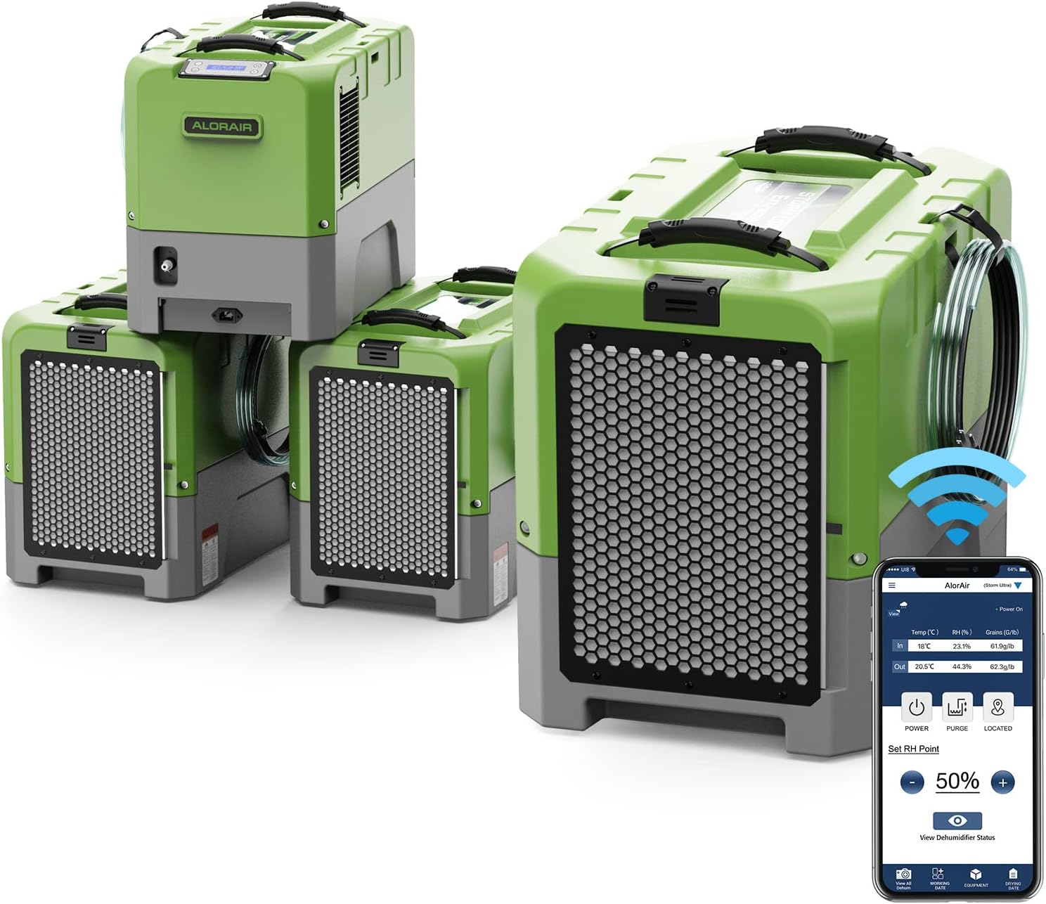 ALORAIR 180 PPD Commercial Dehumidifiers with Smart WiFi, Crawl Space Basement dehumidifier with Pump, Industry Water Damage Unit, Compact, Portable, Memory Starting, (Pack of 4) Green