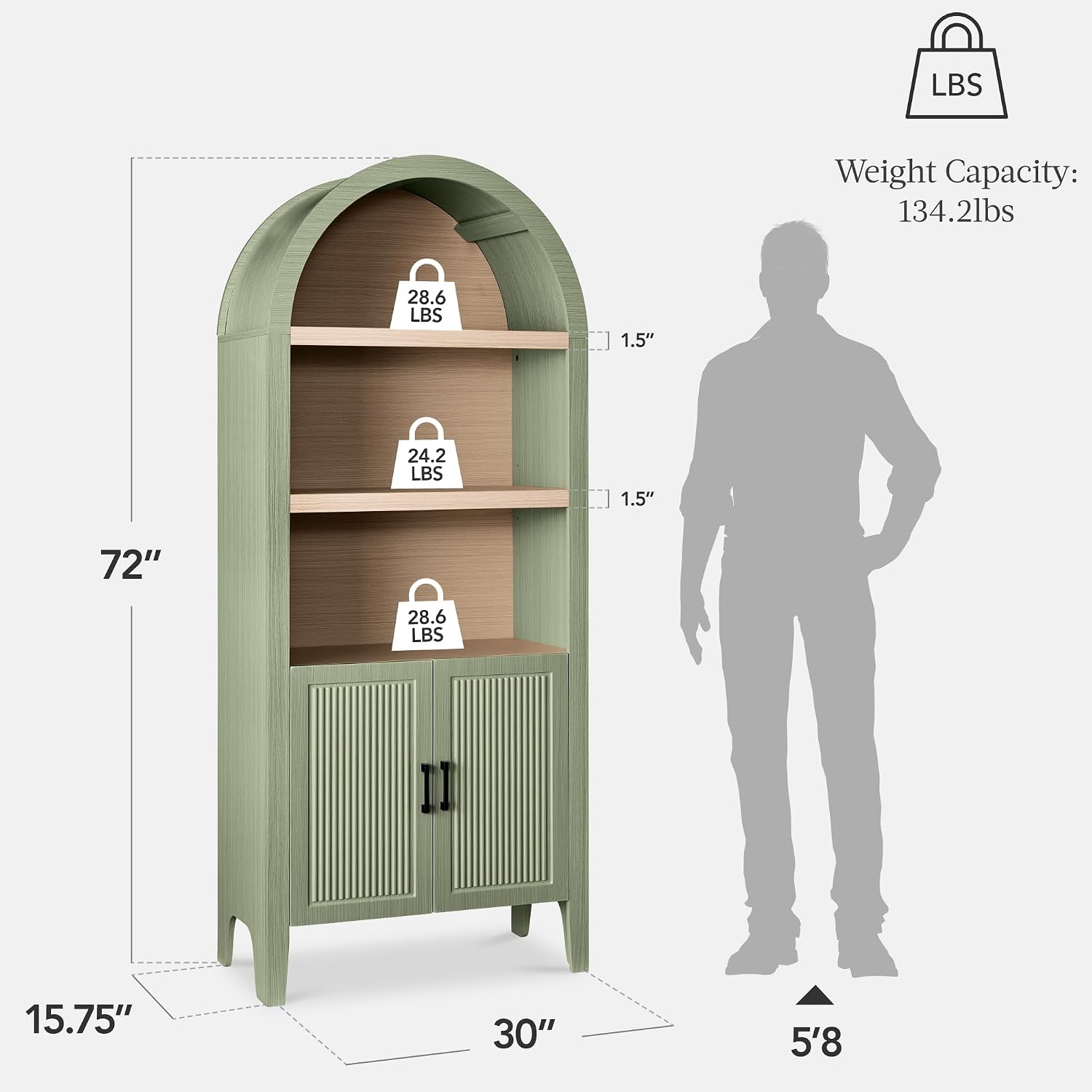Best Choice Products 72' Tall Arched Pantry Cabinet w/Reeded Doors, 5-Tier Bookshelf, Armoire, Hutch, Bookcase, Storage Cabinet w/Adjustable Shelves, for Dining Room and Livingroom - Sage