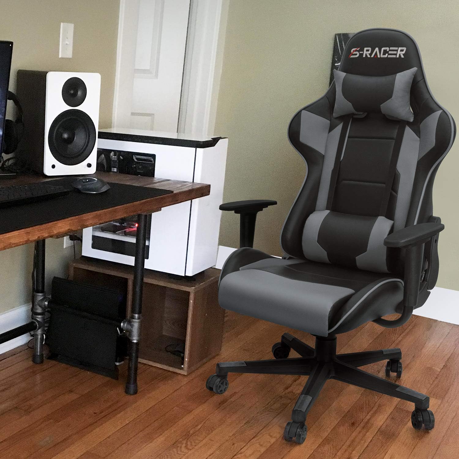 Homall Gaming Chair, Office Chair High Back Computer Chair Leather Desk Chair Racing Executive Ergonomic Adjustable Swivel Task Chair with Headrest and Lumbar Support (Grey)