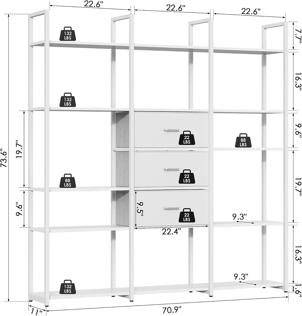 Nosepen 73.6' Tall Bookshelf with 3 Drawers and 16 Storage Shelves, Industrial Bookcase with 16 Open Display Shelves, Large Etagere Bookshelf, Triple Wide Book Shelf Book Case for Home & Office, White